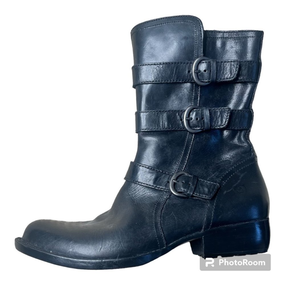 Born Cincy Moto Boots Women's 8.5 M Black Leather Mid Calf Buckle